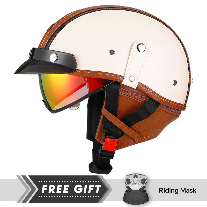 Motorcycle Gear In Store - สินค้าใหม่หนัง Retro ครึ่งหน้าหมวกกันน็อครถจักรยานยนต์ DOT หมวกกันน็อคมอเตอร์ไซค์ผู้ชายผู้หญิง Unisex