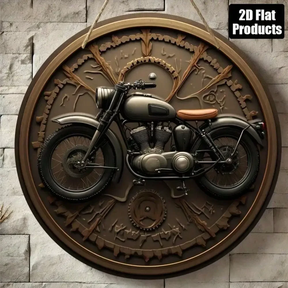 Motorcycle Gear Europe - งานศิลปะติดผนังสไตล์วินเทจสตีมพังก์, แผ่นไม้รูปวงกลมขนาด 8x8 นิ้ว ลายเฟืองมอเตอร์ไซค์ พร้อมเฟืองโลหะ,